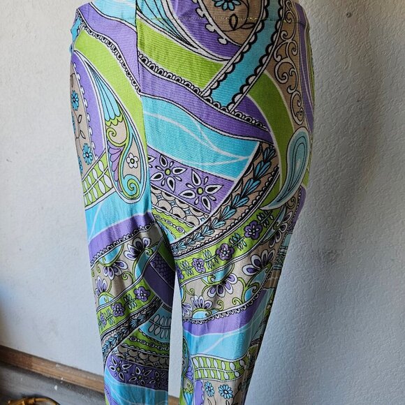 Vintage 70s Paisley Hippie Disco Purple Green Blue Stretch Flare Leggings XS/S - Picture 4 of 6